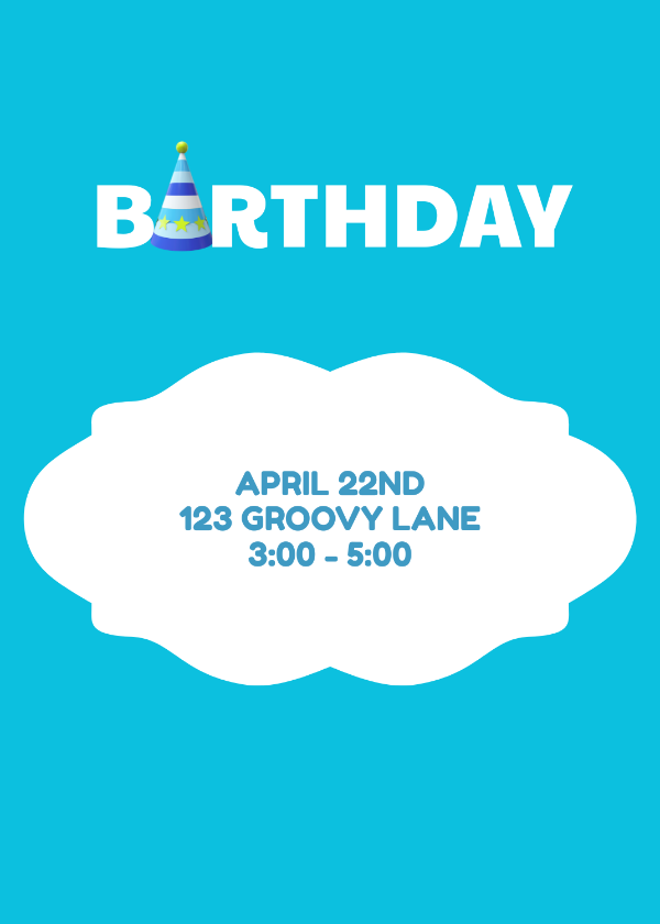 Bright blue BIRTHDAY invitation with a party hat