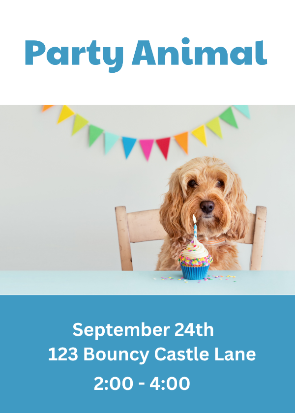 Party Animal invitation with a golden dog and a cupcake