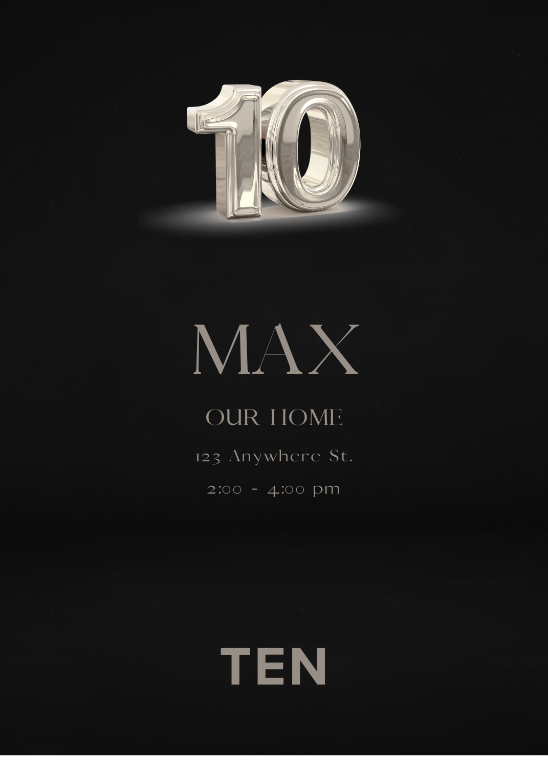 A 3D metallic silver '10' above the name MAX on a solid black background.