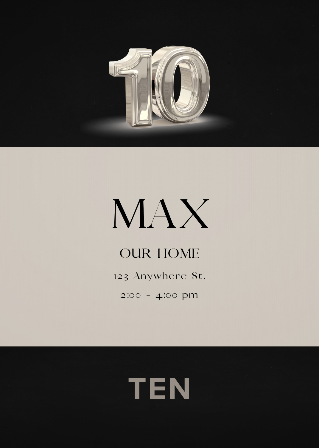 A 3D metallic silver '10' above the name MAX on a black and grey horizontal split background.
