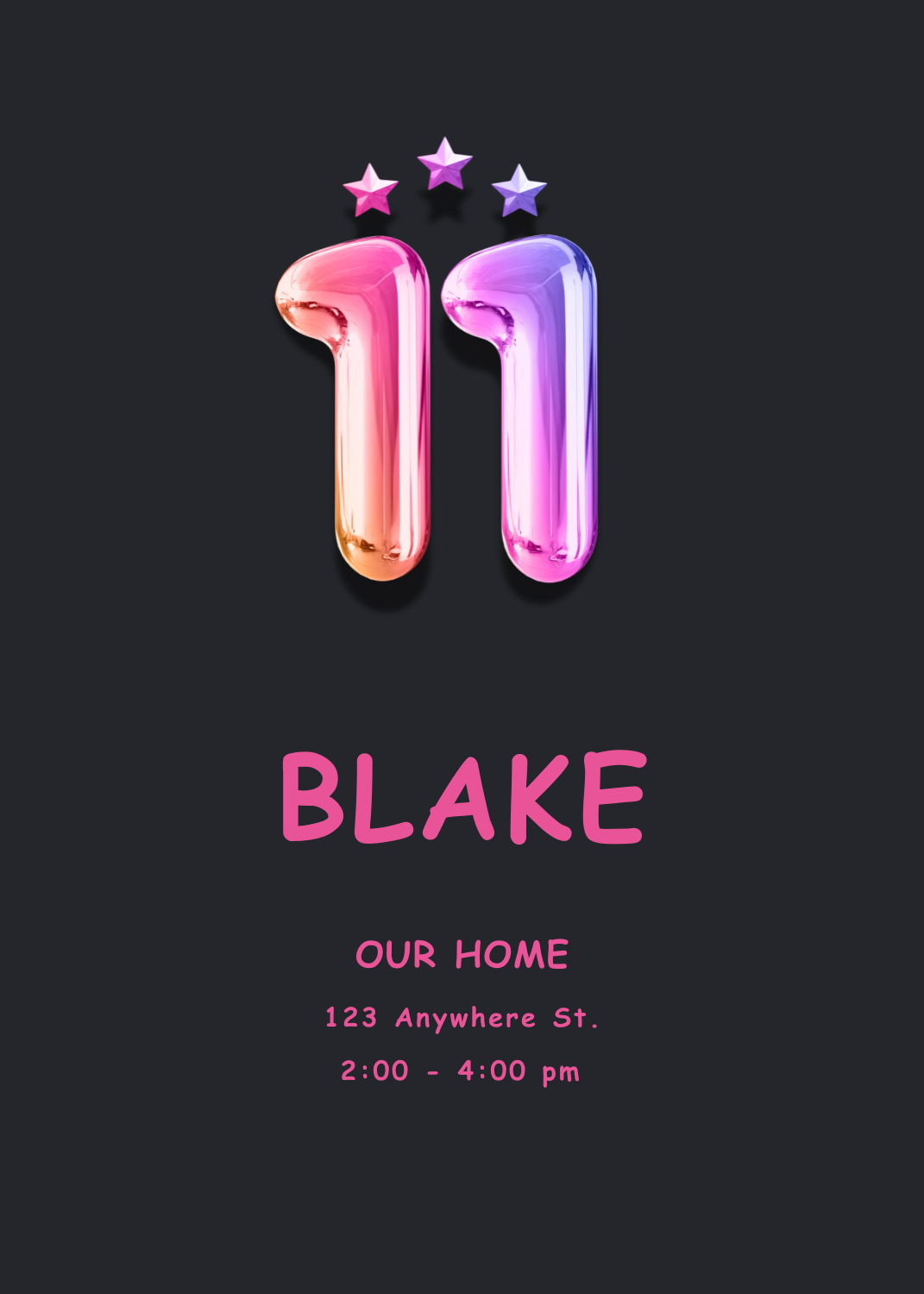 A vibrant, multi-colored bubble-style '11' with three stars on a dark charcoal background for Blake's birthday.