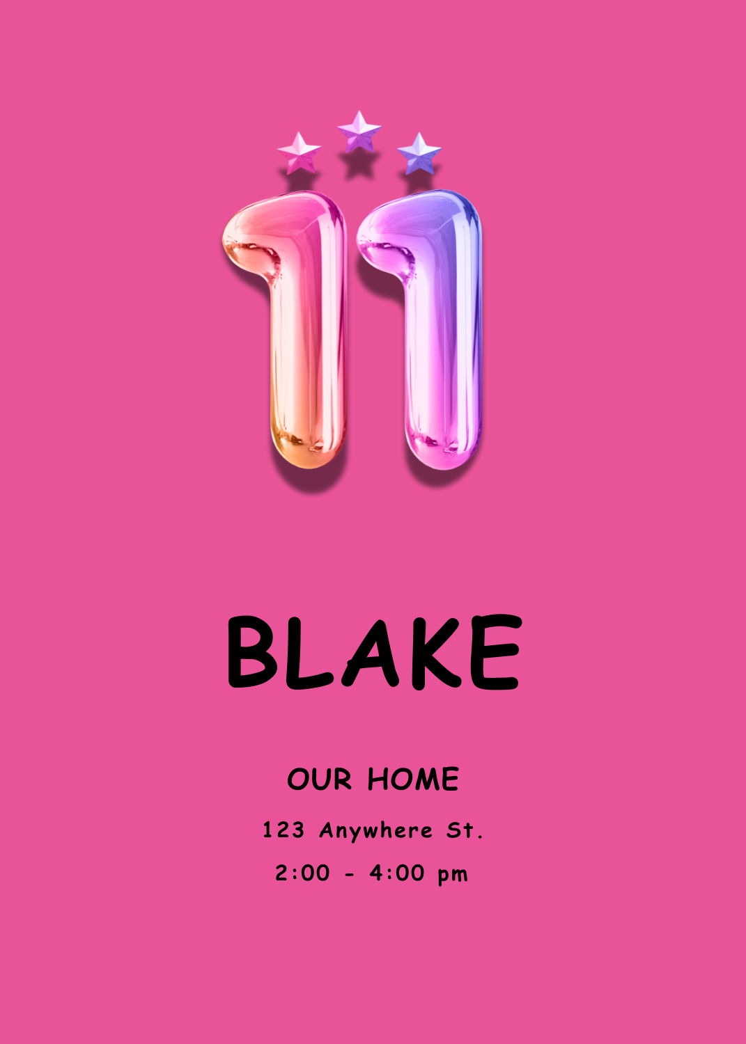 A vibrant, multi-colored bubble-style '11' with three stars on a hot pink background for Blake's birthday.