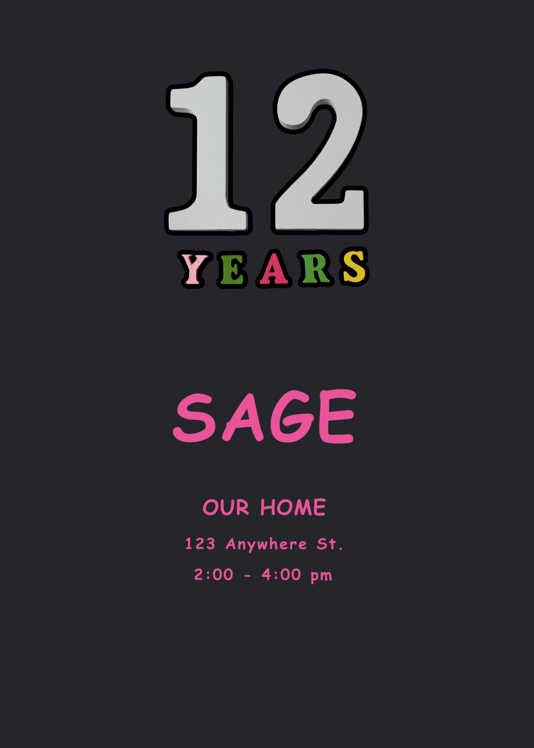 A grey '12' above the word 'YEARS' in colorful block letters on a dark grey background for Sage.