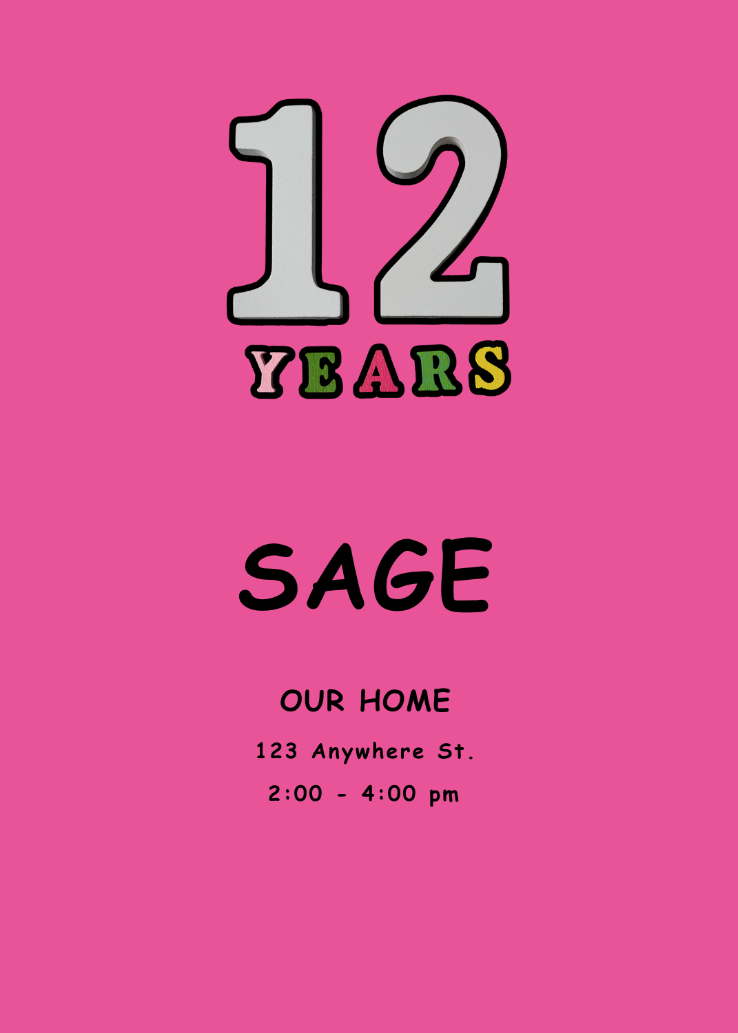 A grey '12' above the word 'YEARS' in colorful block letters on a pink background for Sage.