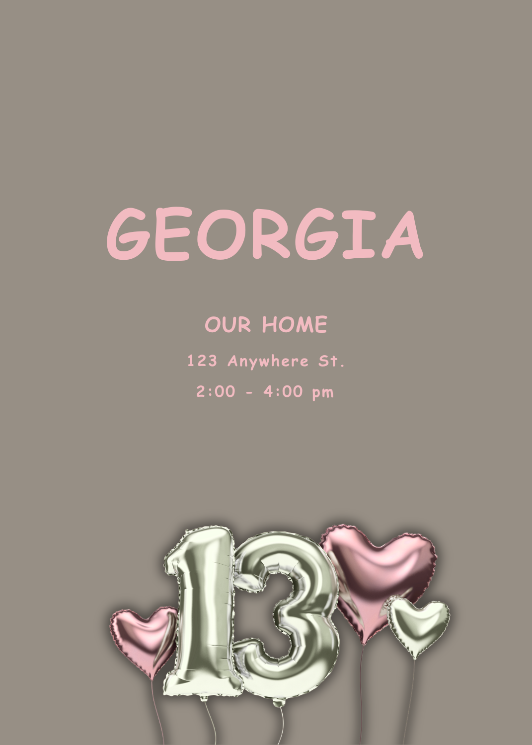 Silver balloon-style '13' and pink heart balloons on a light grey background for Georgia's birthday.