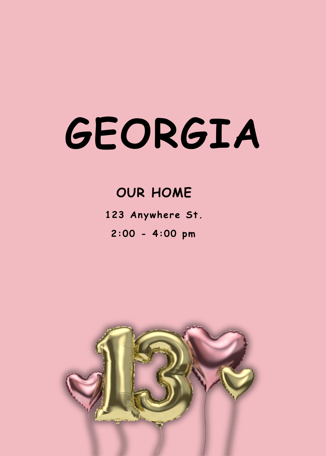 Gold balloon-style '13' and pink heart balloons on a pink background for Georgia's birthday.
