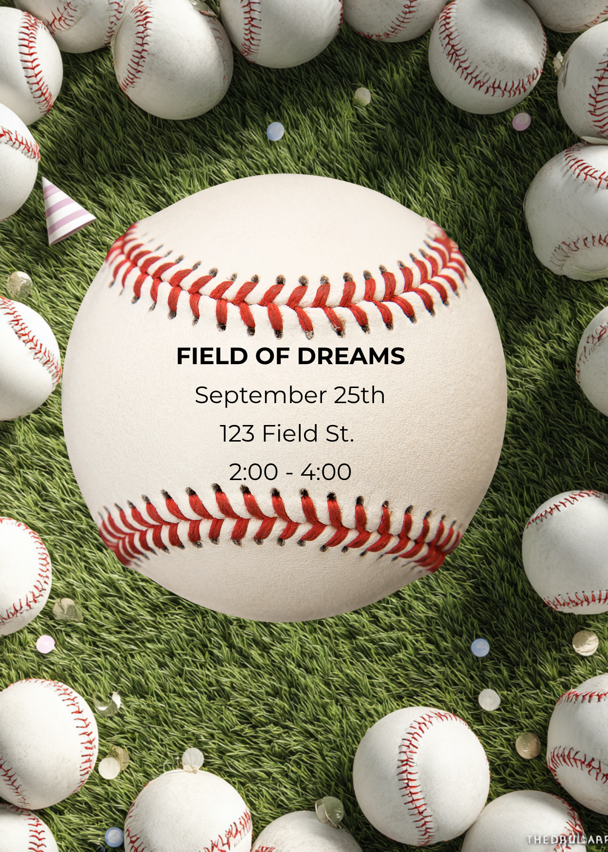 A sports celebration invitation featuring a large baseball centered on green turf, surrounded by scattered baseballs and party confetti. The text 'FIELD OF DREAMS' and event details are printed directly on the main baseball.