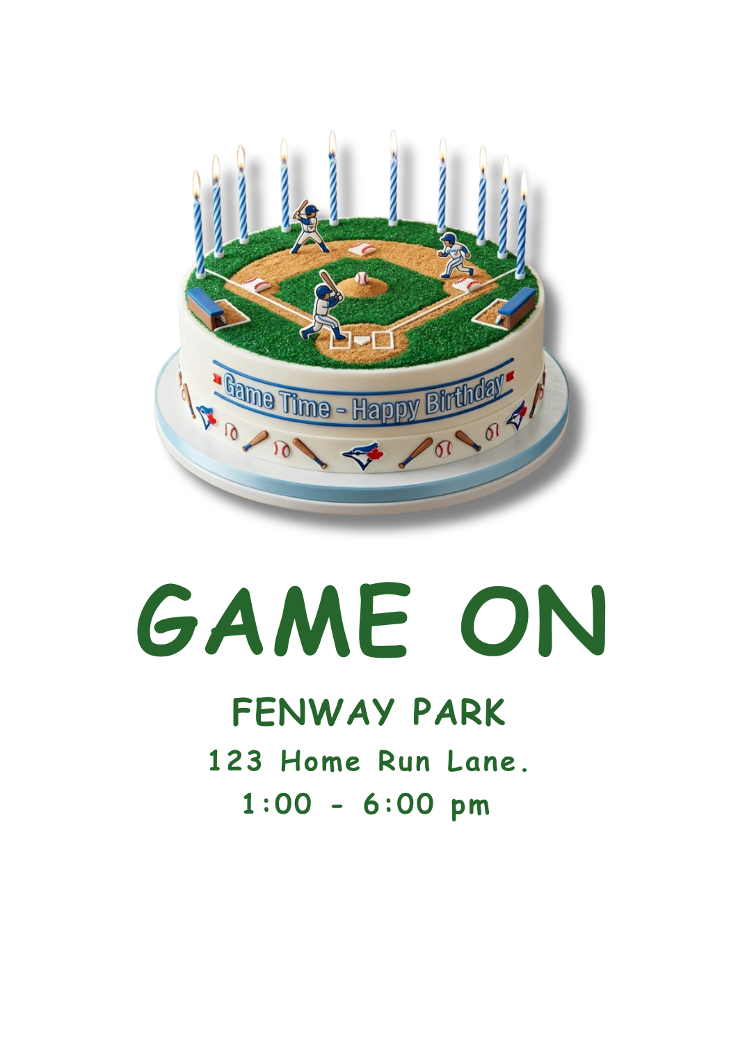 A birthday cake designed as a realistic baseball diamond with player figurines, a sand-colored infield, and lit blue and white candles.