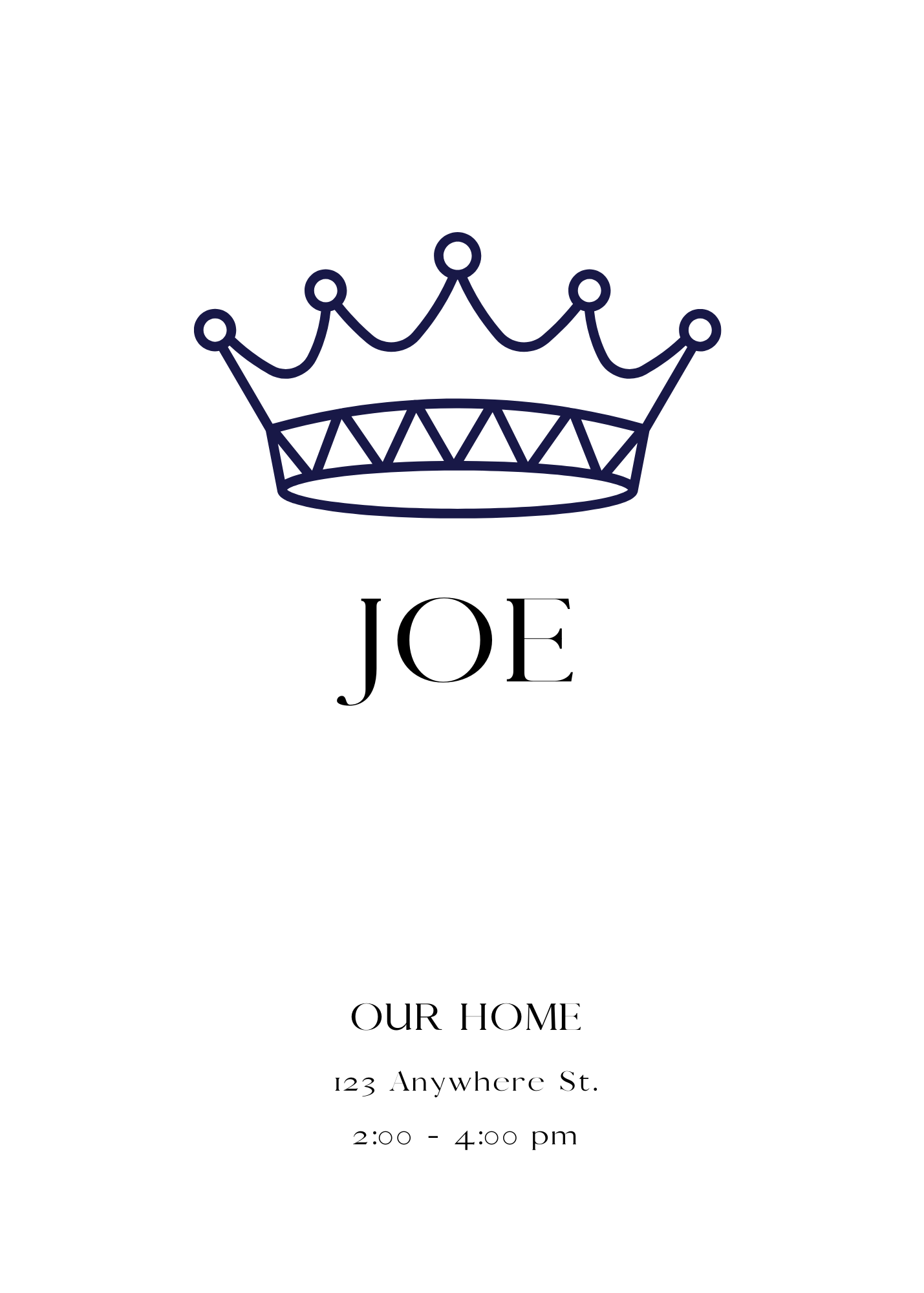 A minimalist white invitation featuring a simple black crown outline at the top. The name 'JOE' and event details are centered below.