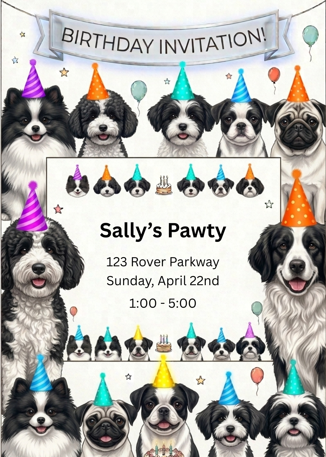 A fun invitation featuring a montage of black and white dogs wearing colorful striped party hats. Centered text reads 'Sally's Pawty'.