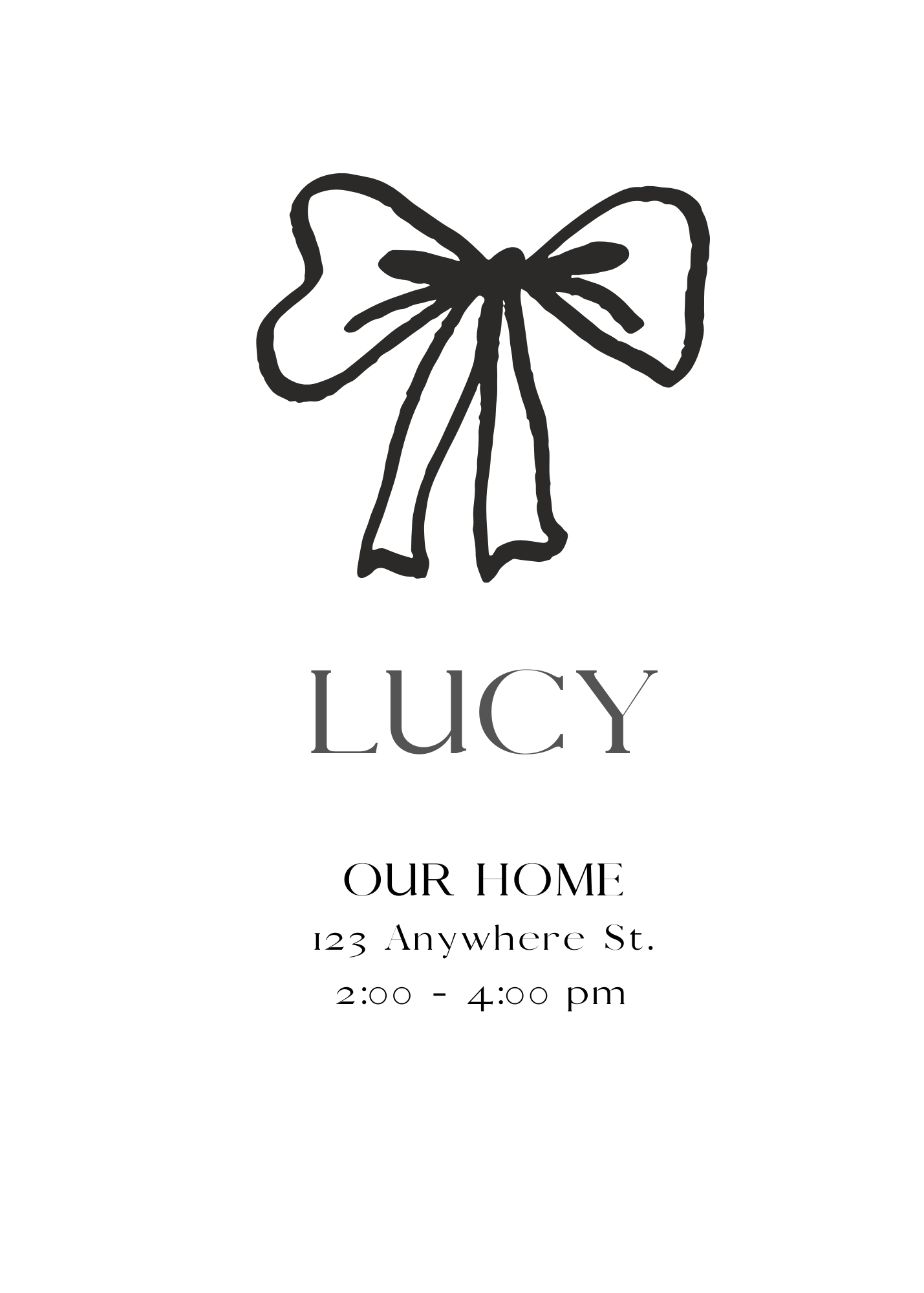 A clean white invitation featuring a hand-drawn black bow at the top. The name 'LUCY' is printed in a modern serif font below.
