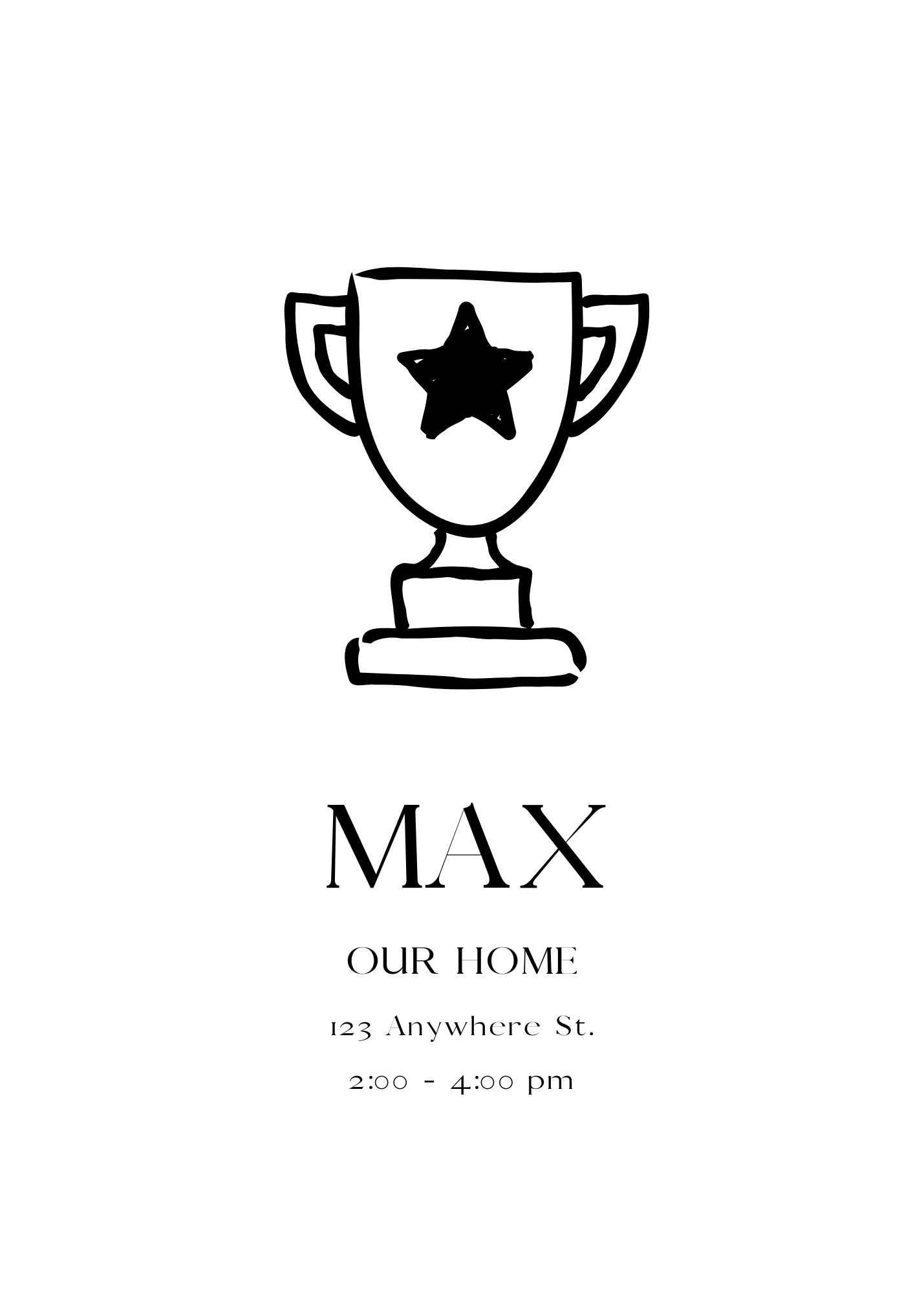 A white invitation with a black line-drawing of a trophy featuring a star. The name 'MAX' is centered in a bold font below the icon.
