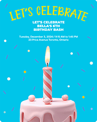 A simple and festive birthday invitation template. A pink cake with dripping frosting sits on a bright blue background with scattered confetti. A single lit candle with pink and white stripes is on the cake. The text 'LET'S CELEBRATE' is written in yellow