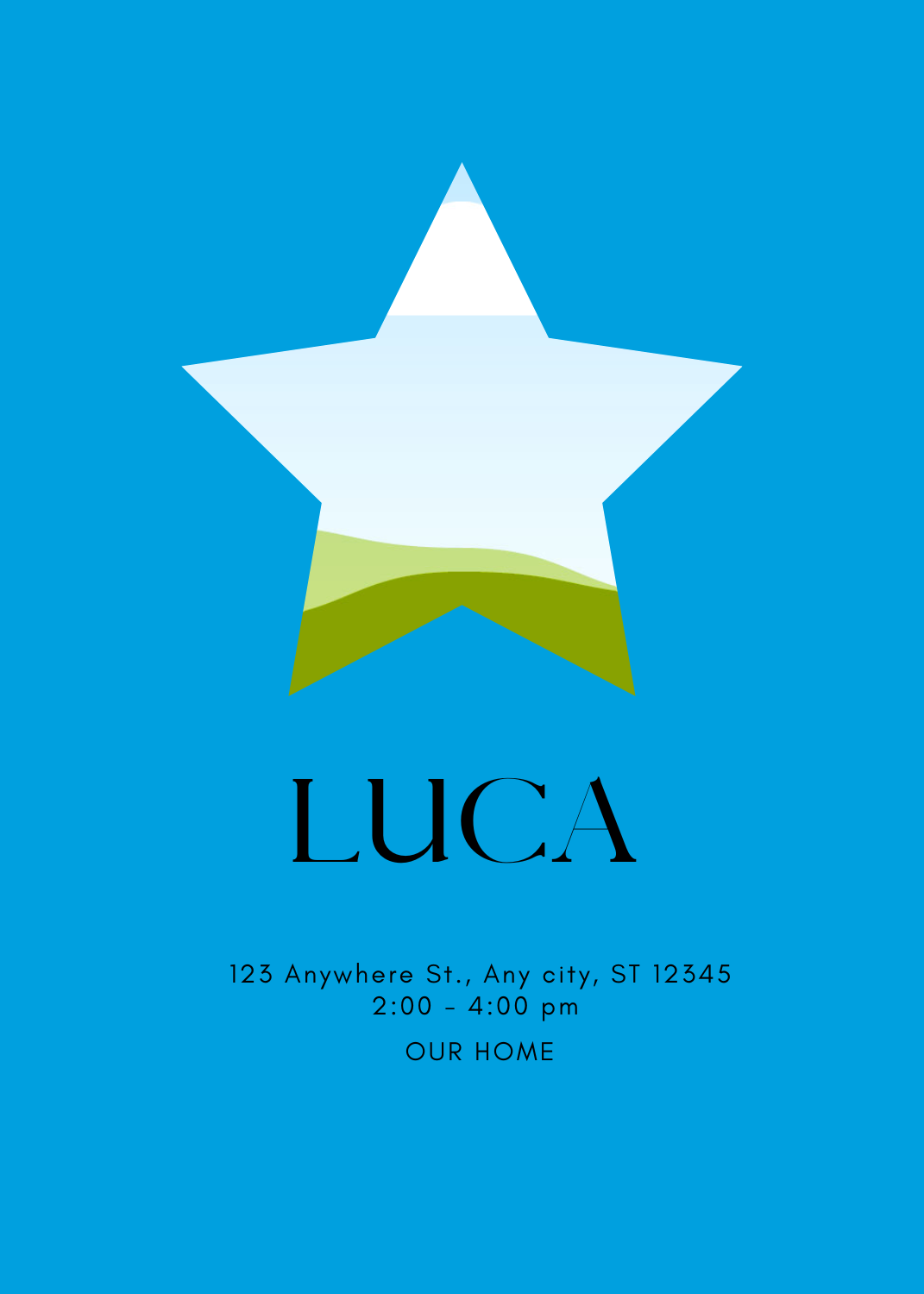 A vibrant blue invitation with a large star-shaped cutout in the center acting as a photo frame. The name 'LUCA' is printed in black at the bottom.