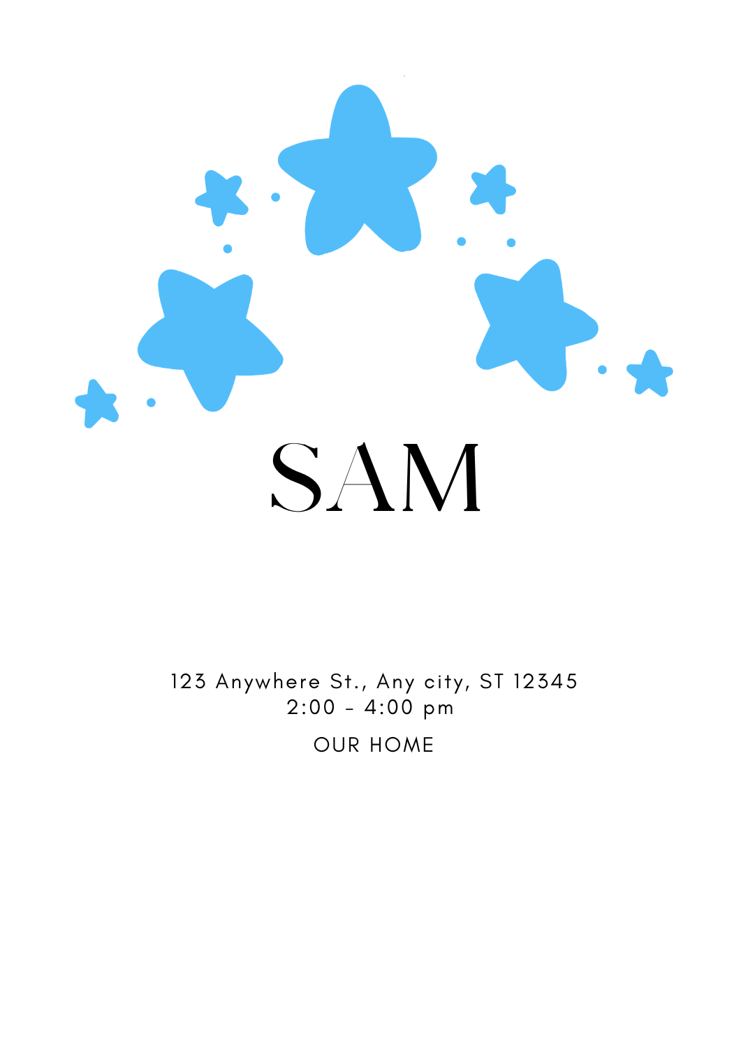 A clean white invitation featuring an arch of five soft blue stars of various sizes at the top. The name 'SAM' is featured in a large black serif font.