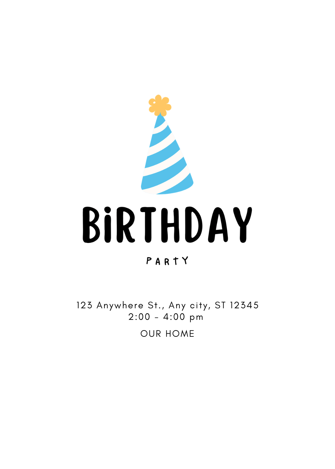 A minimalist white invitation with a blue and white diagonally striped party hat featuring a yellow flower pom-pom. The text 'BIRTHDAY' is prominent in black.