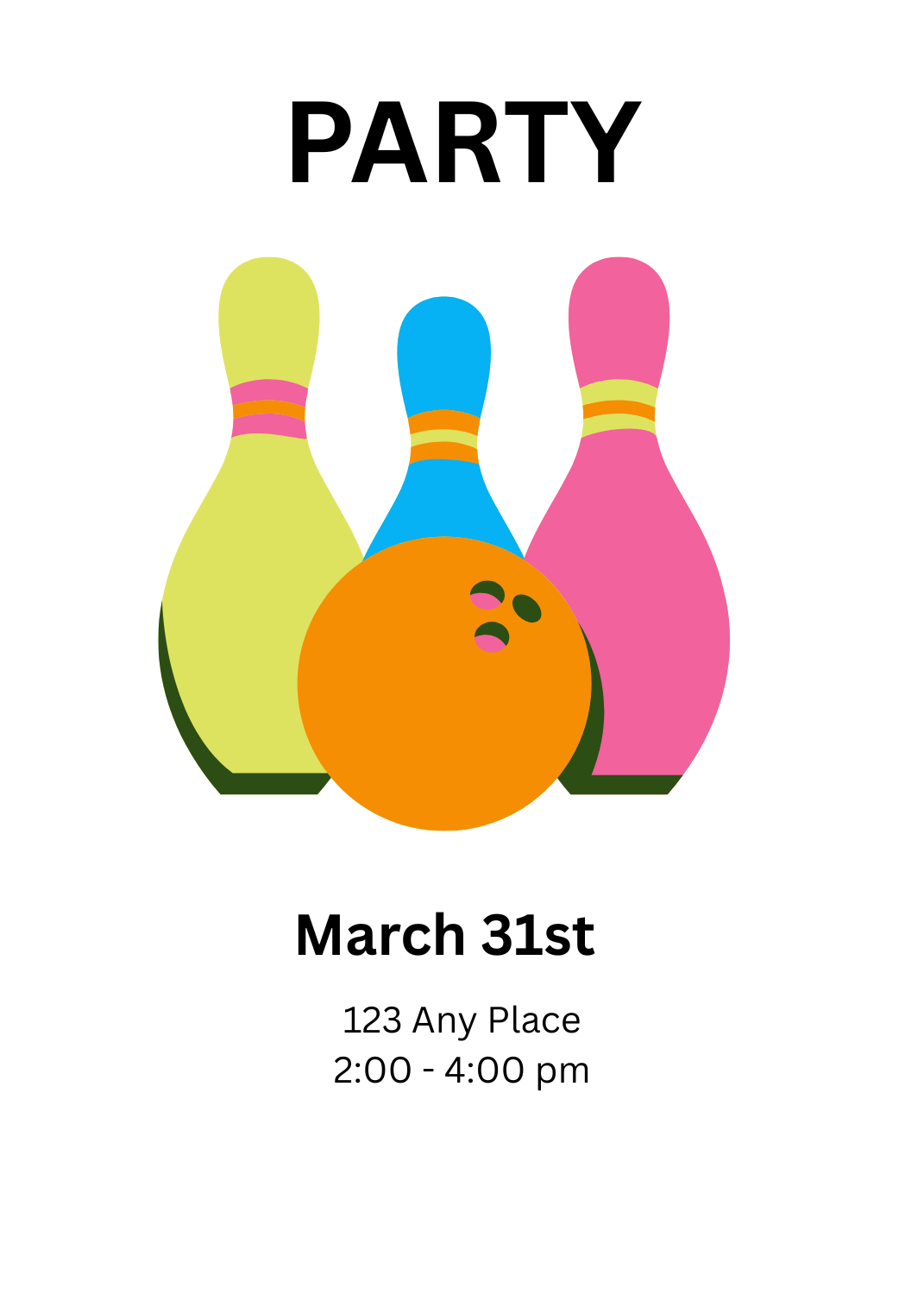 A minimalist invitation featuring a large orange bowling ball in front of yellow, blue, and pink bowling pins. The word 'PARTY' is featured in bold black text at the top.