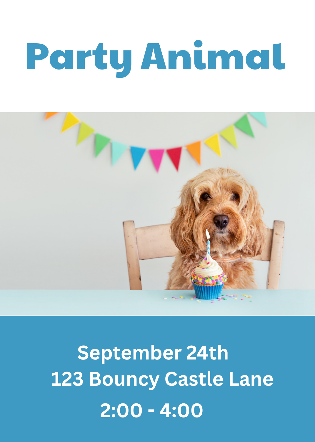 A photographic invitation showing a fluffy golden dog sitting at a table with a birthday cupcake and lit candle under colorful triangle bunting, with 'Party Animal' text above.