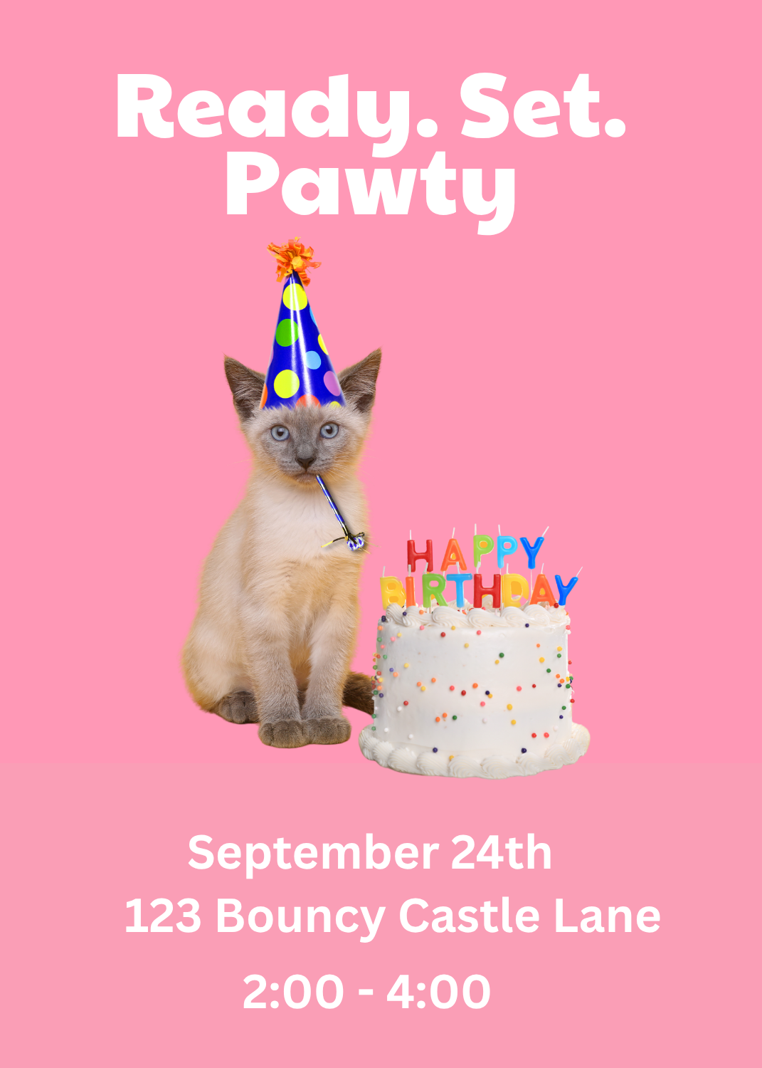 An invitation on a bright pink background featuring a Siamese kitten wearing a colorful polka-dot party hat and party blower, sitting next to a white frosted cake with rainbow 'HAPPY BIRTHDAY' candles under the text 'Ready. Set. Pawty'.