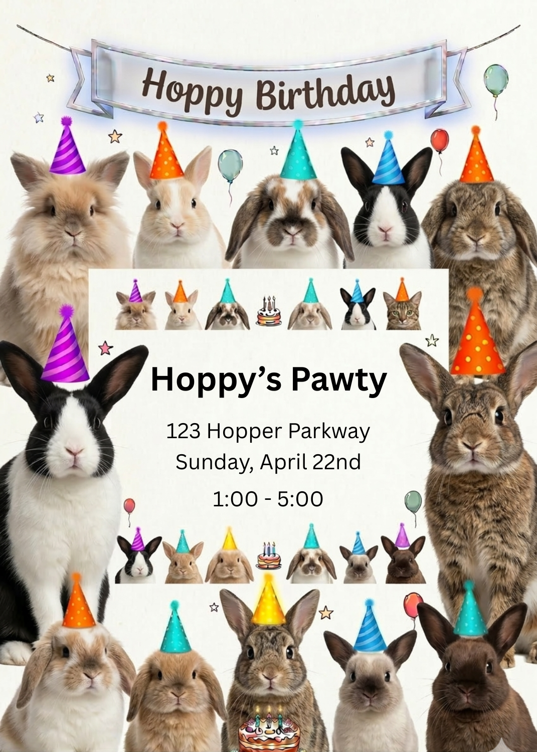 A celebratory invitation featuring various fluffy bunnies wearing bright party hats. The headline reads 'Hoppy's Pawty'.