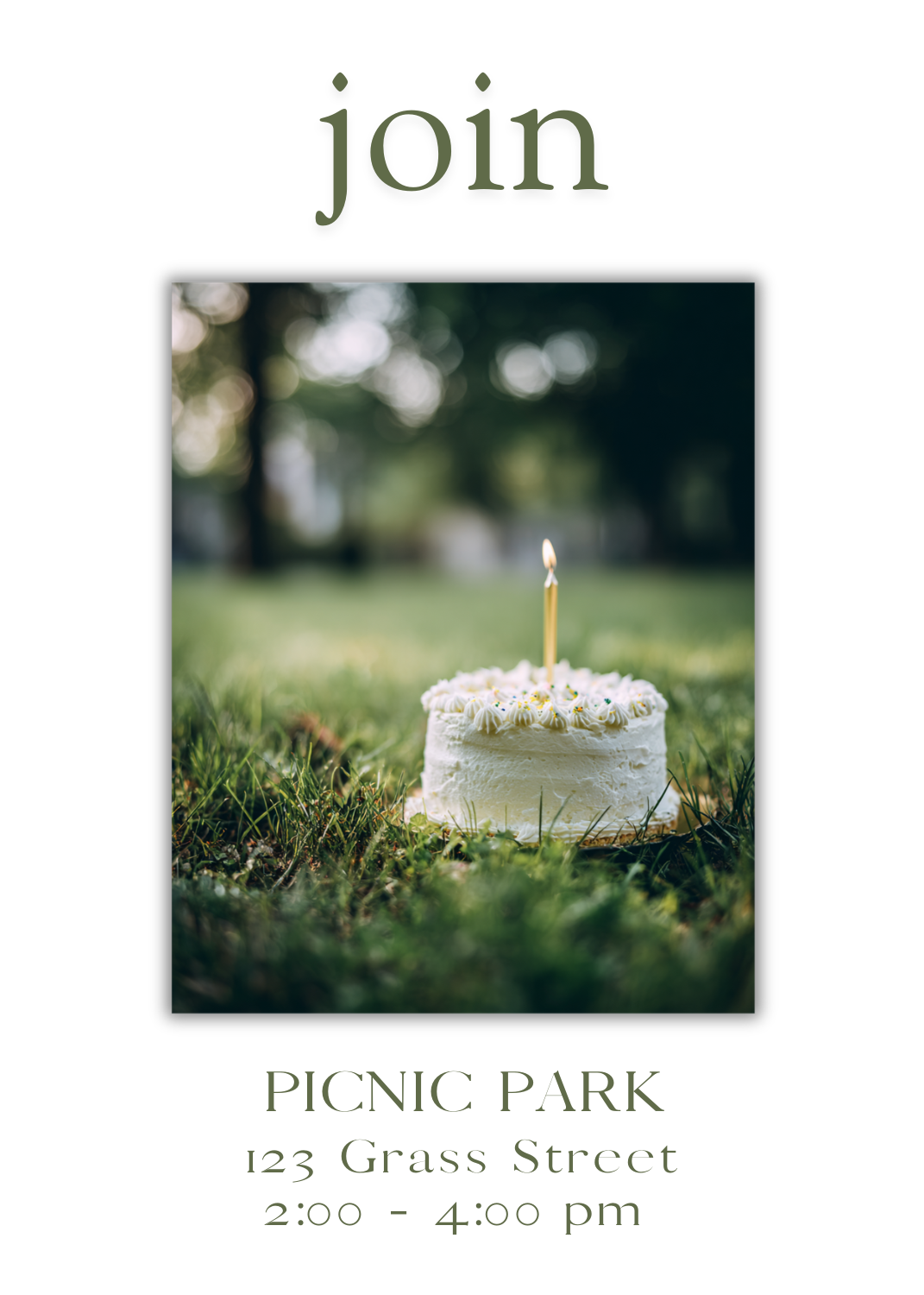 A photographic invitation showing a small frosted white cake with a single lit gold candle sitting in lush green grass. The text reads 'join' and 'PICNIC PARK' in a muted green font.
