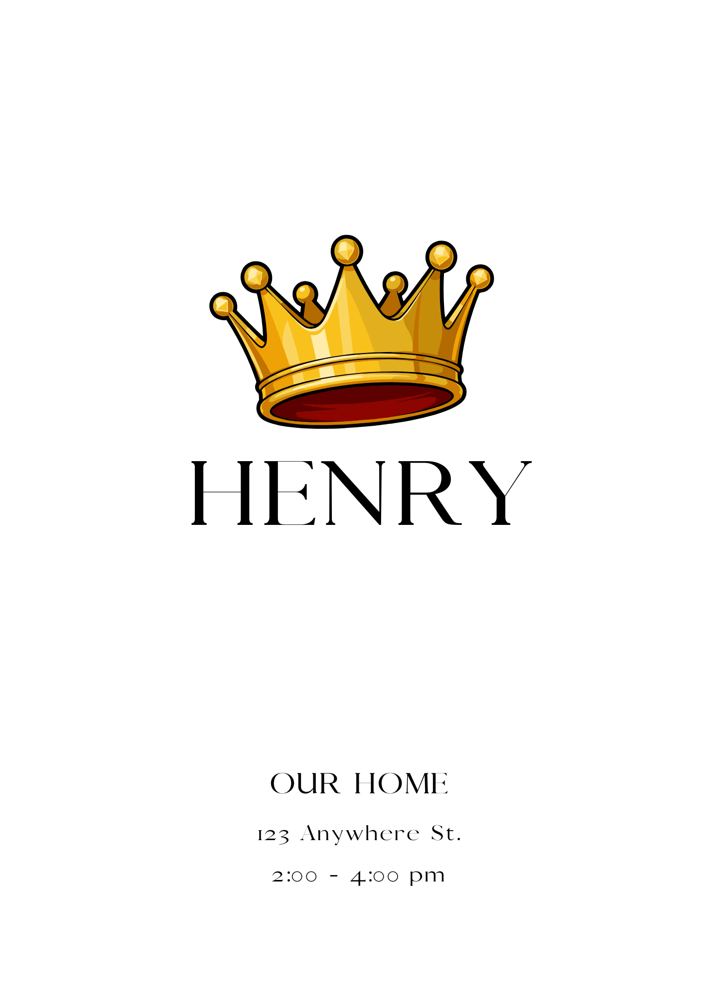 A white invitation with a polished gold cartoon crown featuring red interior lining. The name 'HENRY' is prominently displayed in a serif font.