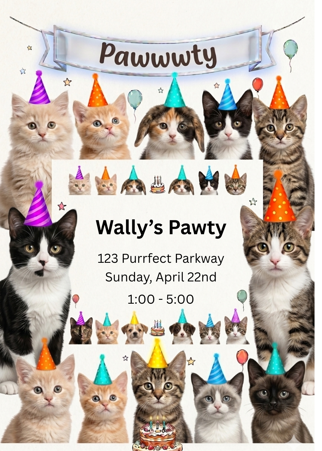 A cute invitation showing a variety of kittens in different colors all wearing festive party hats. The text reads 'Wally's Pawty'.