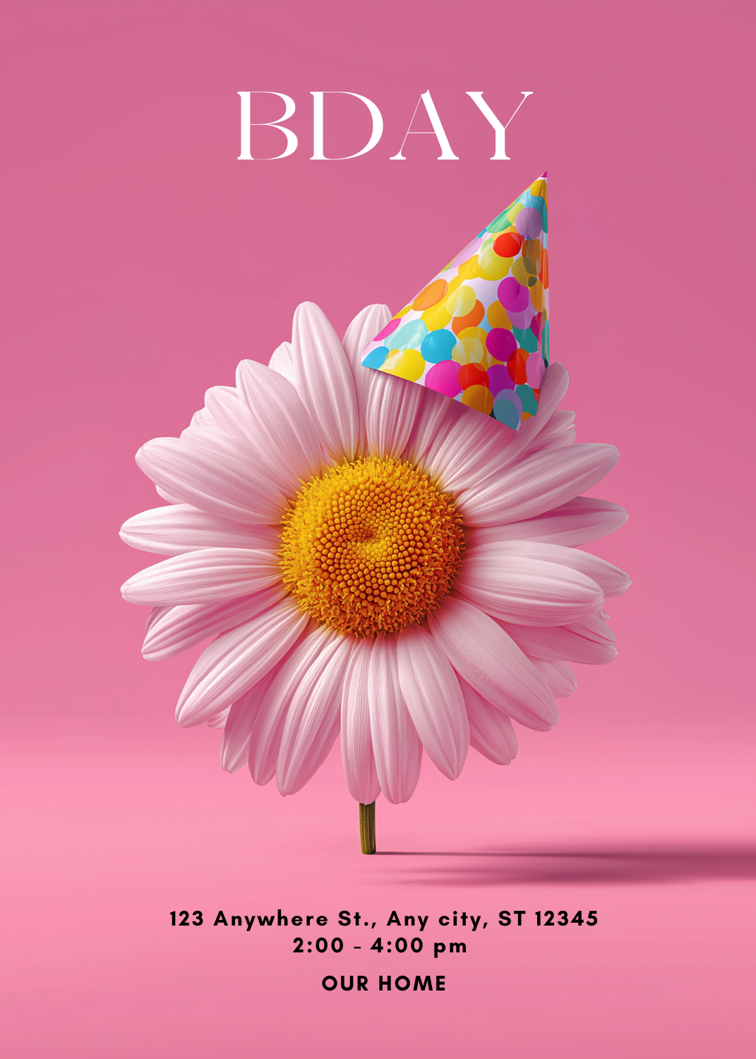 A large, vibrant pink daisy wearing a colorful polka-dot party hat against a solid pink background. The word 'BDAY' is centered at the top.