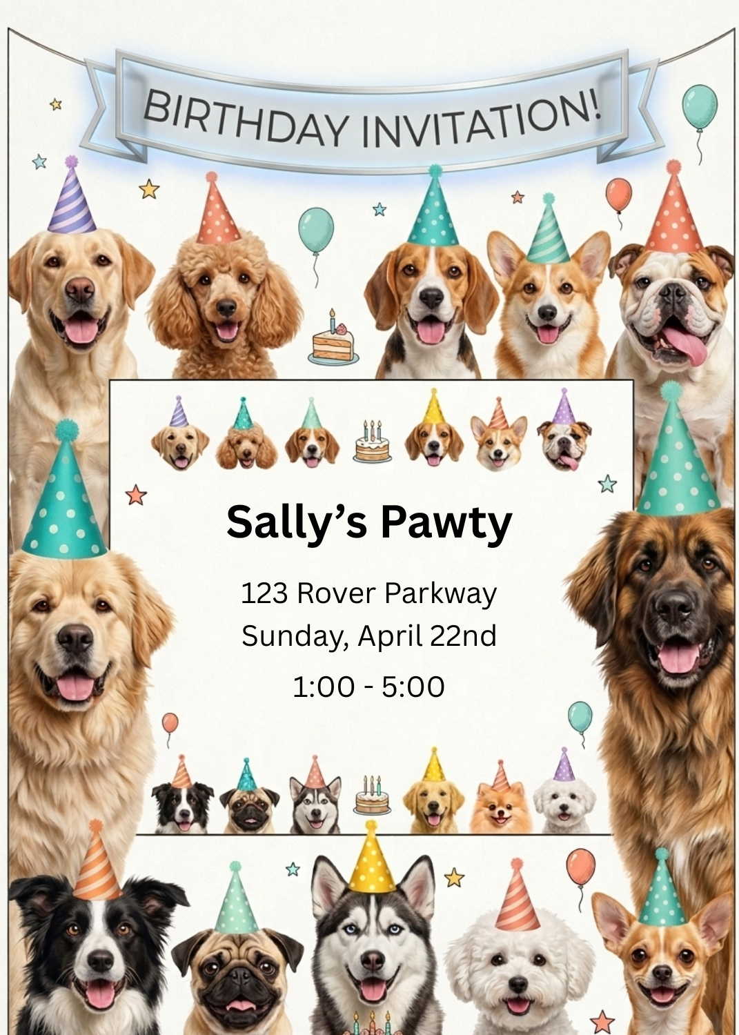 An invitation featuring a montage of different dog breeds, including a Golden Retriever, Beagle, and Poodle, all wearing party hats. Text reads 'Sally's Pawty'.