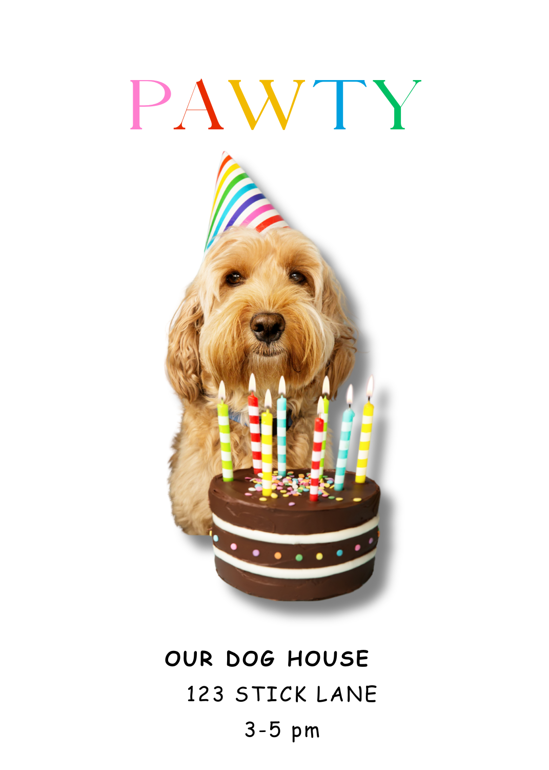 A cute brown dog wearing a colorful striped party hat sitting behind a chocolate birthday cake with lit candles. The word 'PAWTY' is written in rainbow colors at the top.