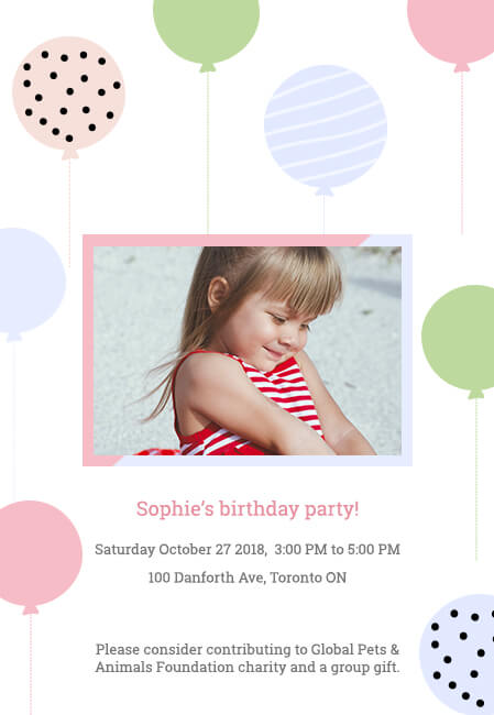 Birthday invitation with pastel balloons, some dotted, framing a central photo.