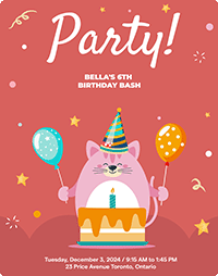 Playful cat in a party hat holding balloons behind a candle-topped cake on a red backdrop.