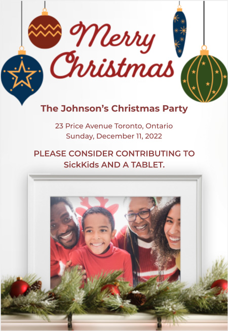 Christmas invitation featuring ornaments and a family photo framed above a decorated fireplace.