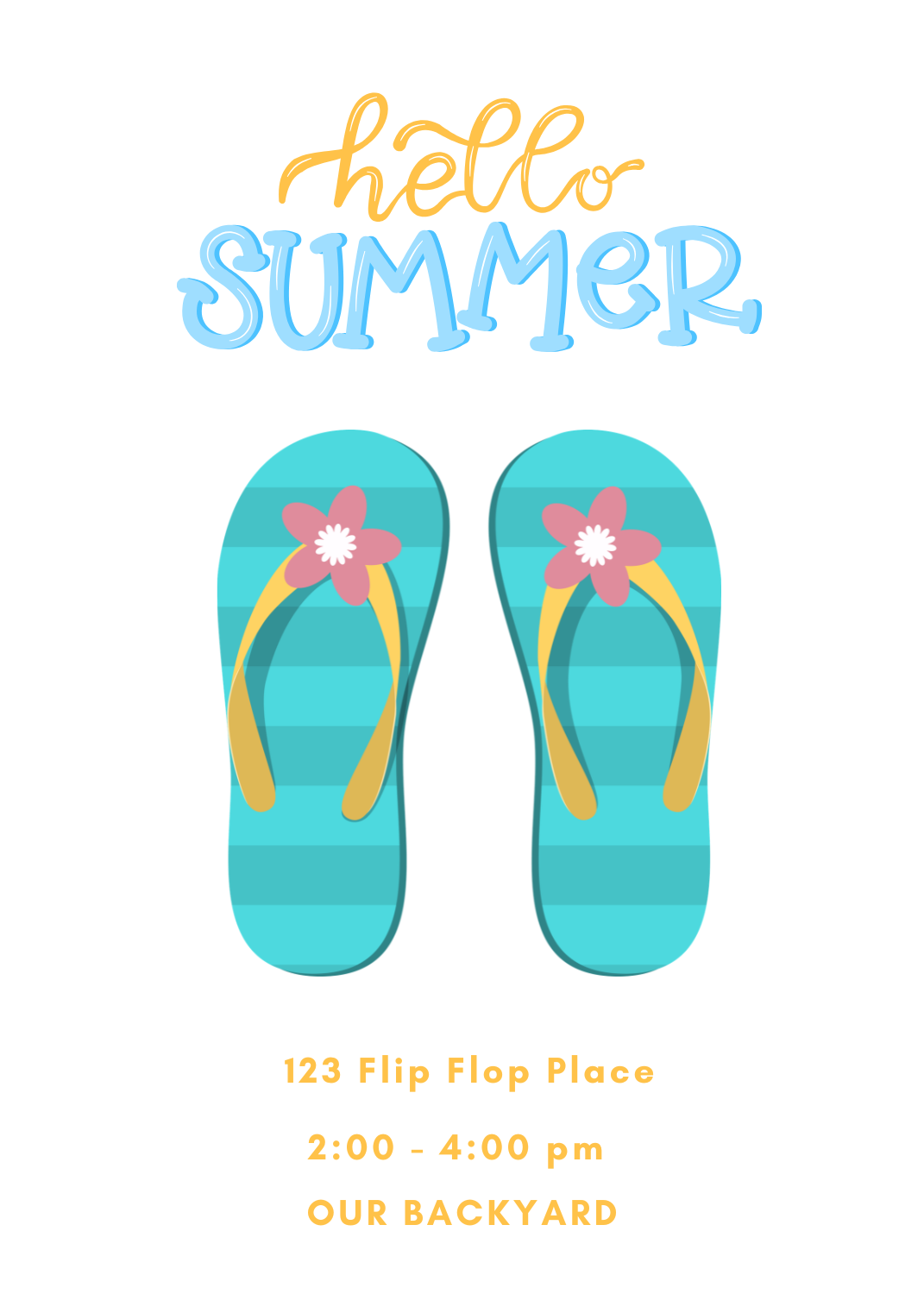 A minimalist white invitation with 'hello SUMMER' written in yellow and blue script at the top. Two teal striped flip-flops with pink flowers are featured in the center.