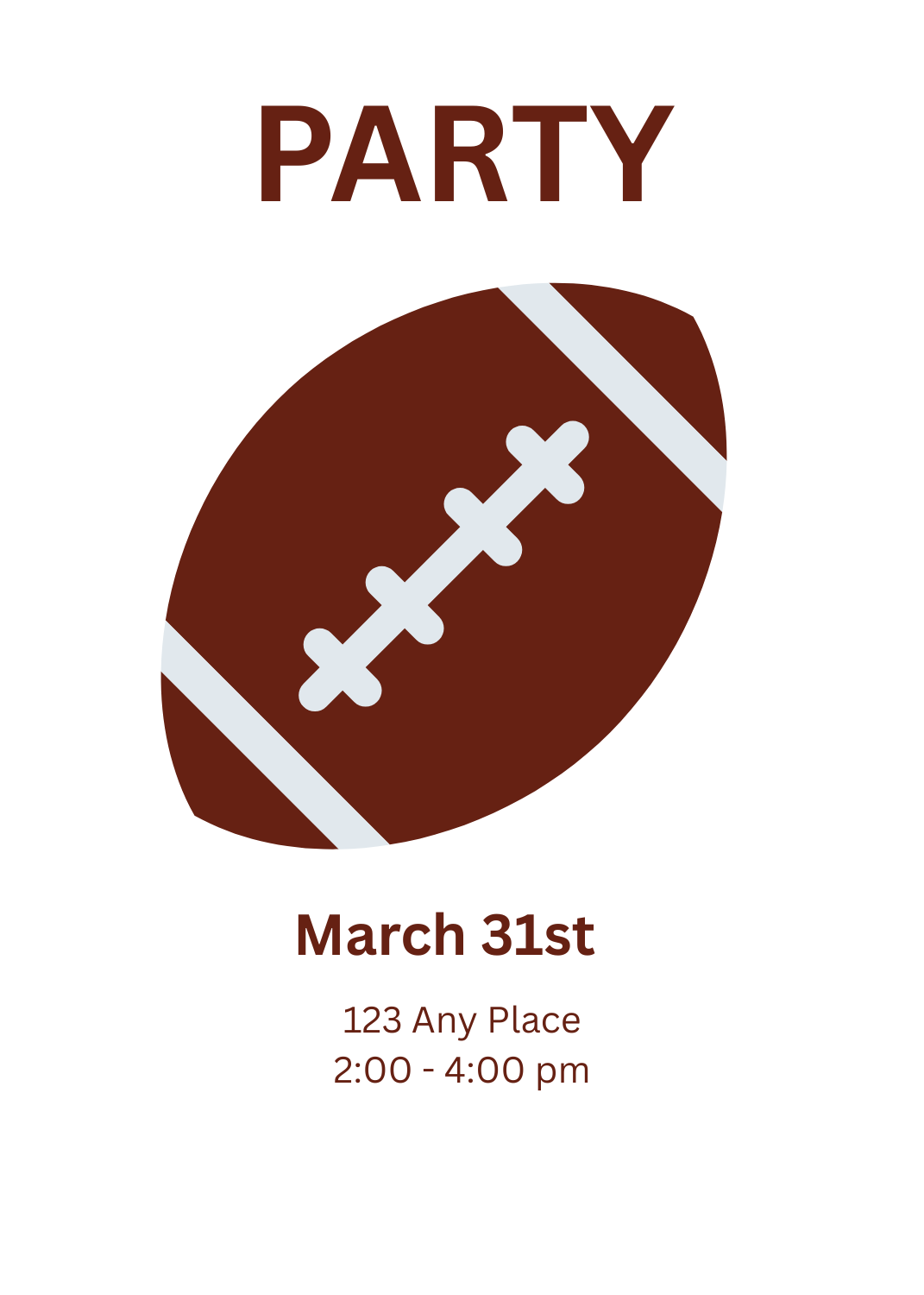 A simple white invitation featuring a large brown American football in the center. The word 'PARTY' is printed in a matching brown font at the top.