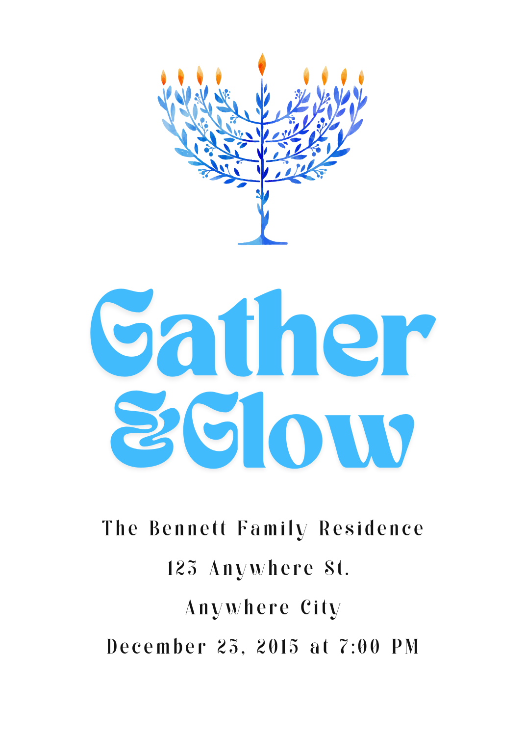 A Hanukkah party invitation featuring a blue watercolor menorah with lit candles and the text 'Gather & Glow' in a stylized blue font.
