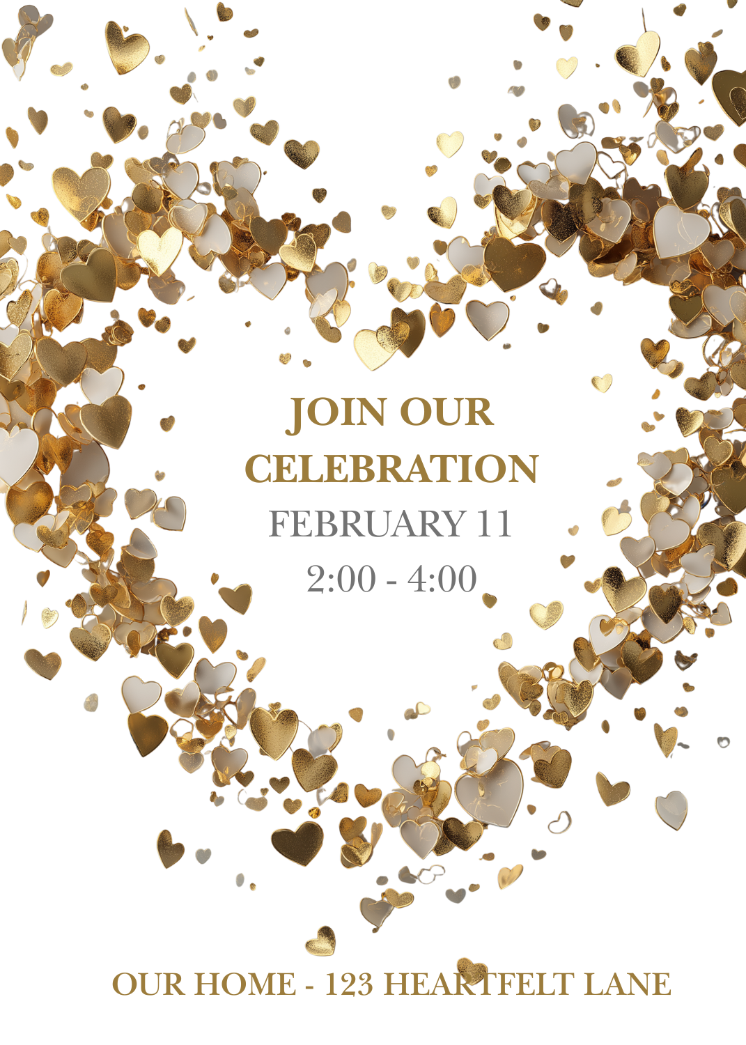 A celebration invitation featuring a heart-shaped wreath made of numerous 3D gold and white hearts on a plain white background. The text 'JOIN OUR CELEBRATION' and event details are centered within the heart shape.