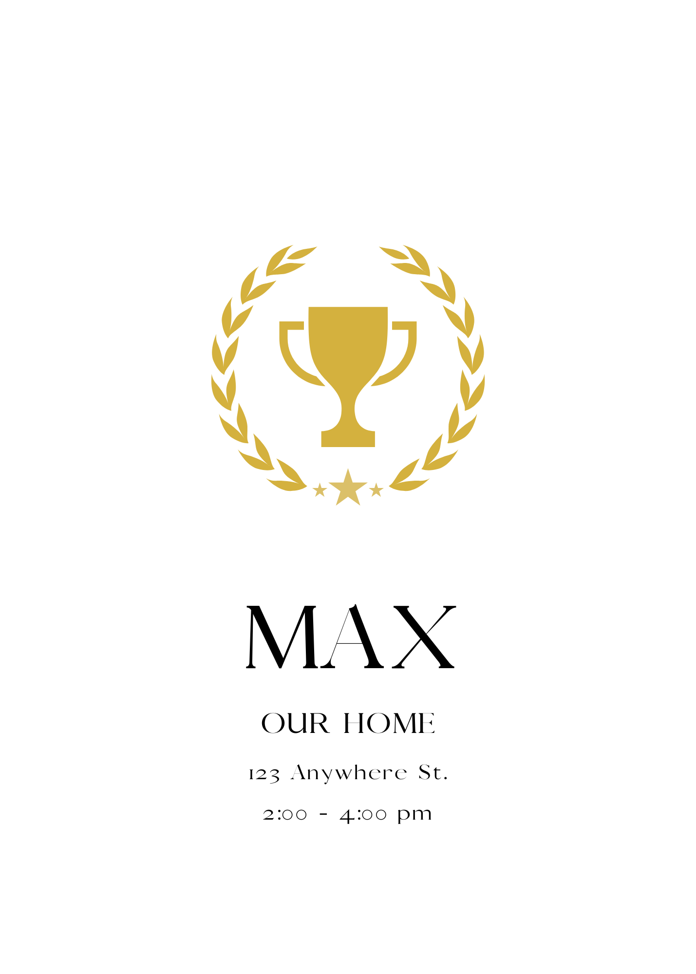A minimalist white invitation featuring a gold trophy silhouette surrounded by a laurel wreath. The name 'MAX' is centered at the bottom.