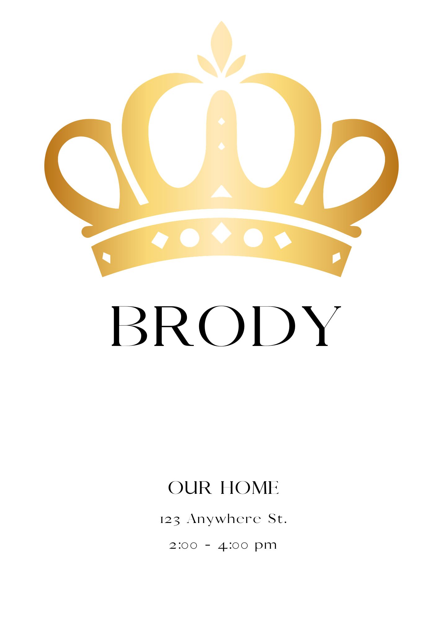 A white invitation featuring a large, elegant gold crown icon with circular and diamond cutouts. The name 'BRODY' is featured below.