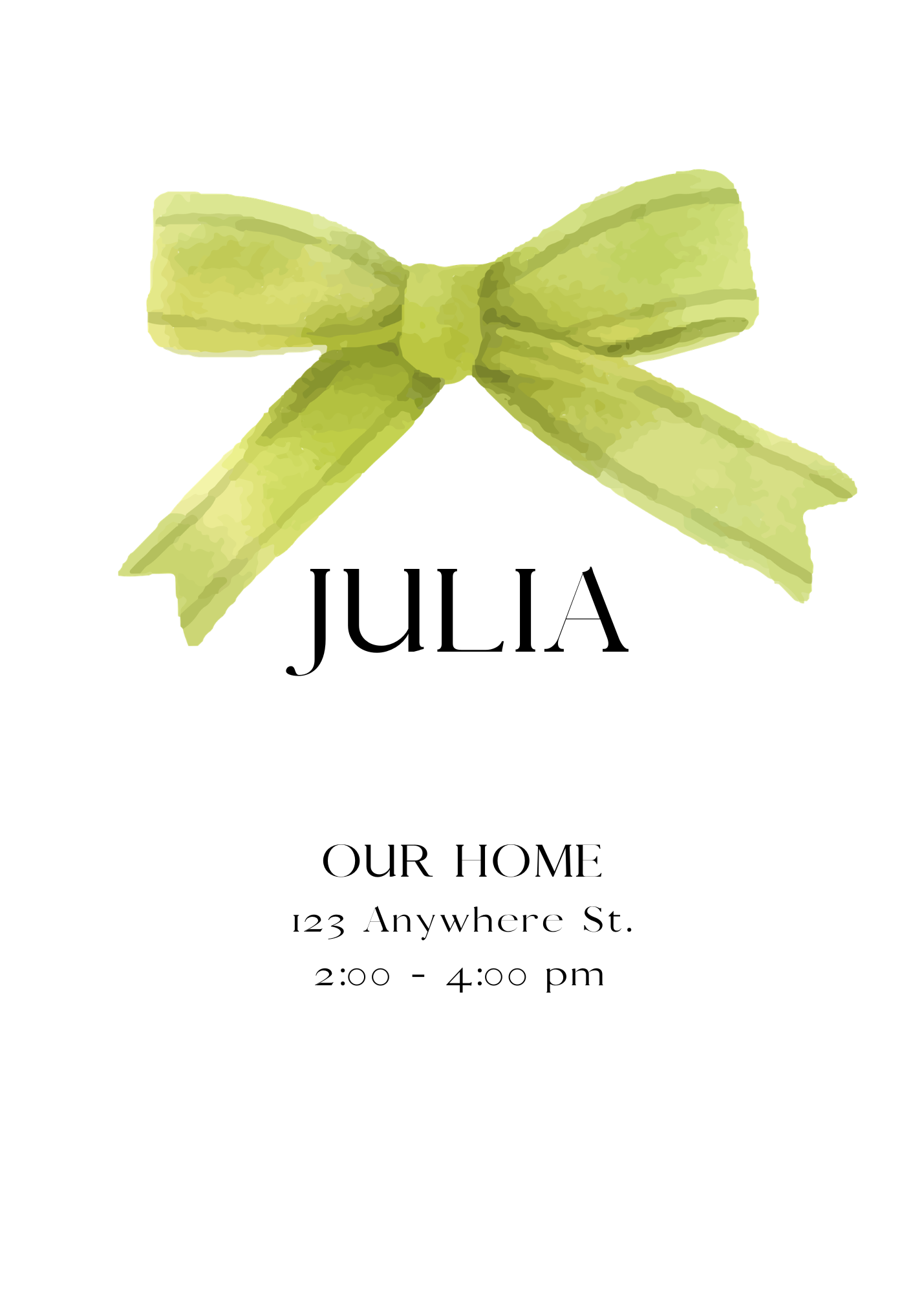 A clean white invitation featuring a soft watercolor-style green bow at the top. The name 'JULIA' and event details are centered below.