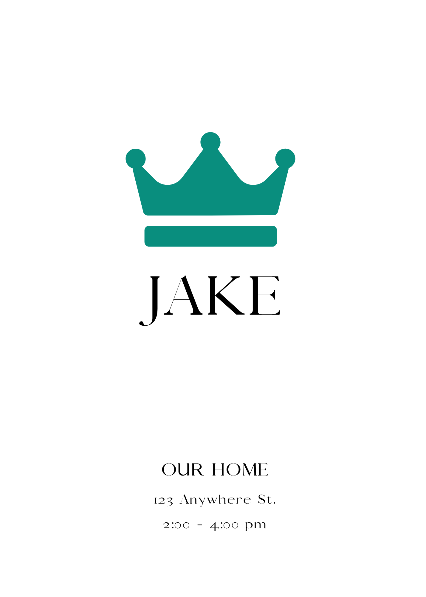 A minimalist white invitation with a flat green crown icon centered at the top. The name 'JAKE' is featured in a large black font.