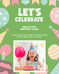 Festive green invitation with balloons, party hats, cake, and a large rectangular transparent area for a photo.