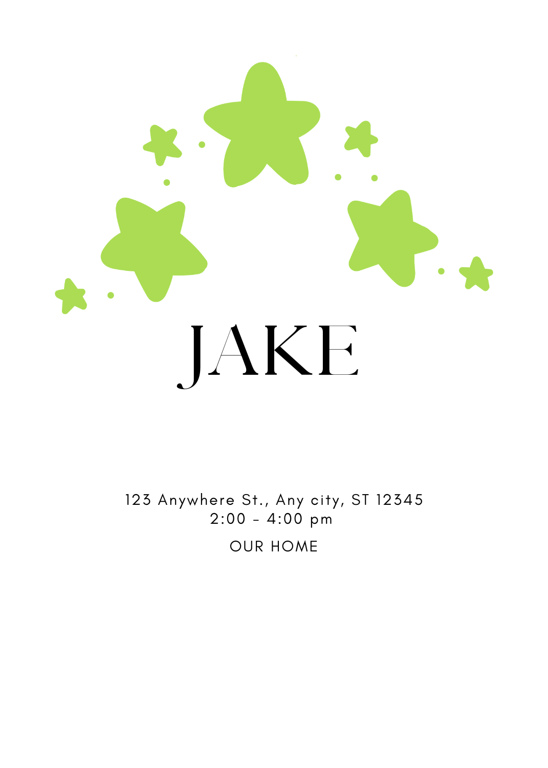 A clean white invitation featuring an arch of five lime green stars at the top. The name 'JAKE' is centered below the stars in a bold font.