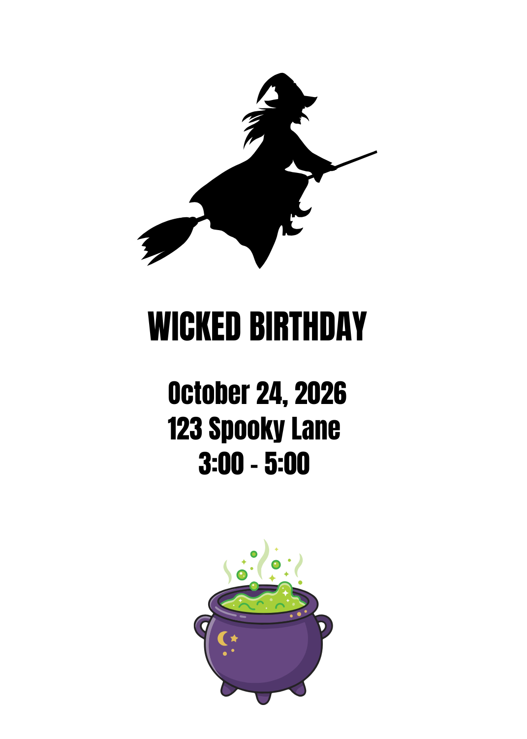A minimalist white invitation with a black silhouette of a flying witch on a broomstick at the top, the headline 'WICKED BIRTHDAY', and a bubbling purple cauldron with green potion at the bottom[cite: 107].