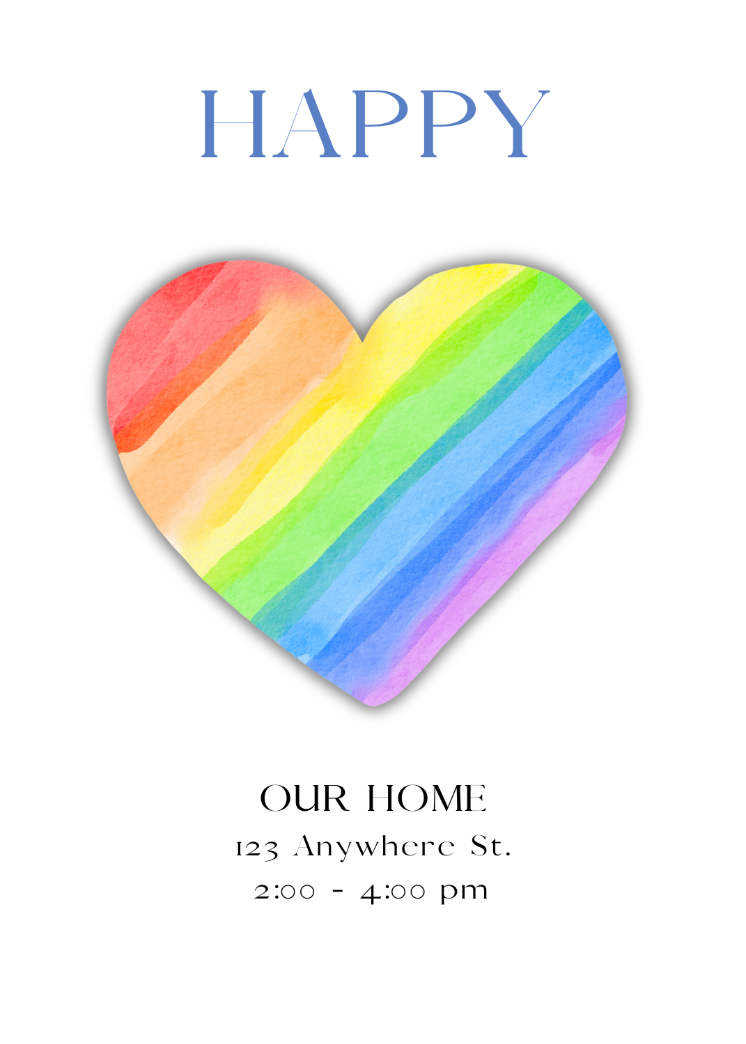 A large watercolor-style heart filled with vibrant diagonal rainbow stripes on a white background. The word 'HAPPY' is featured in blue text above the heart.