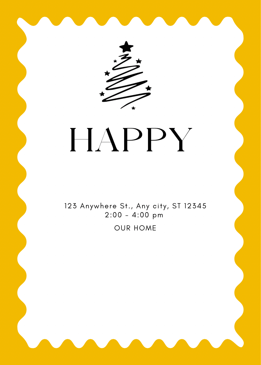 A holiday party invitation with a yellow wavy 'postage stamp' border, a black line-art Christmas tree, and the word 'HAPPY' in black.