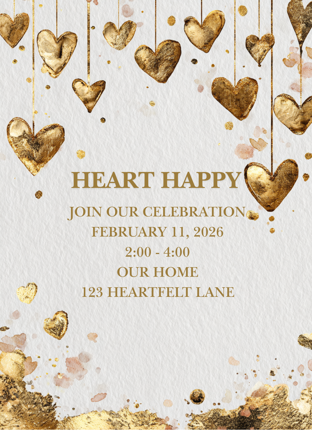 An invitation with a textured cream background featuring various gold foil hearts dangling from the top on thin lines. The text 'HEART HAPPY' and other party details are printed in gold.