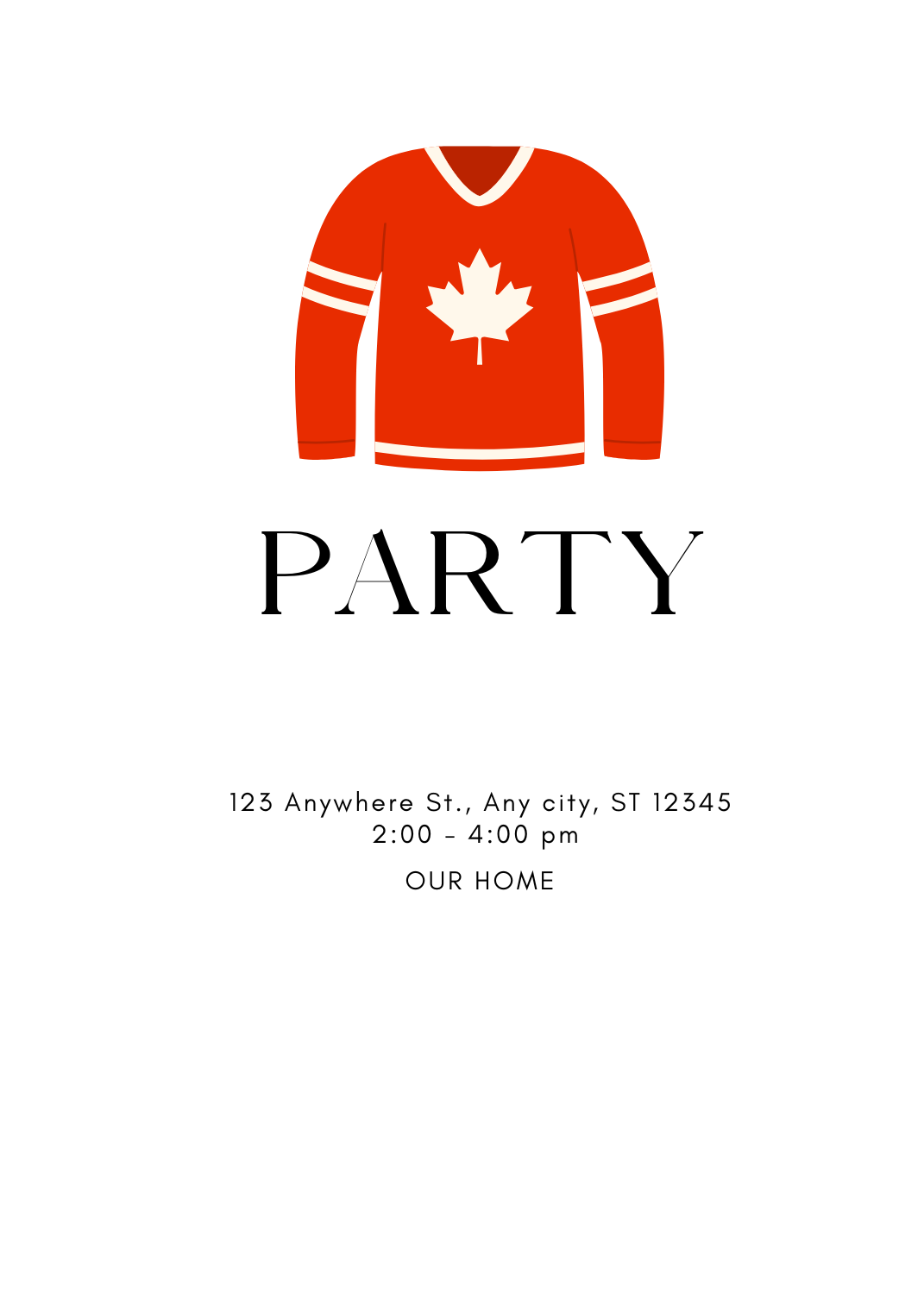 A sports-themed invitation featuring a red hockey jersey with white stripes and a maple leaf icon. 'PARTY' is written in a classic font.