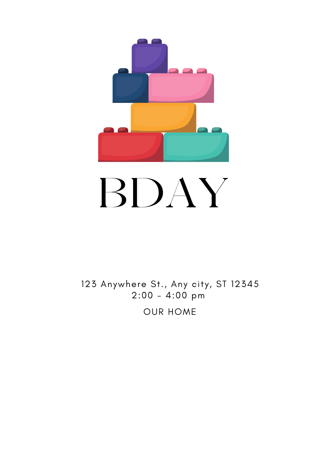 An invitation featuring a stack of colorful building blocks in various colors. The text 'BDAY' is centered underneath the blocks.