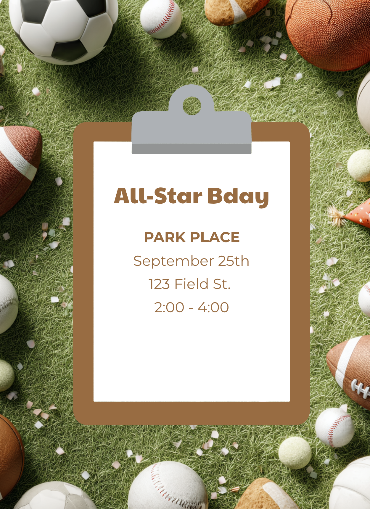 A multi-sports themed birthday invitation featuring a brown clipboard on artificial green turf, framed by assorted balls including soccer, football, basketball, and baseball. Text reads 'All-Star Bday'.